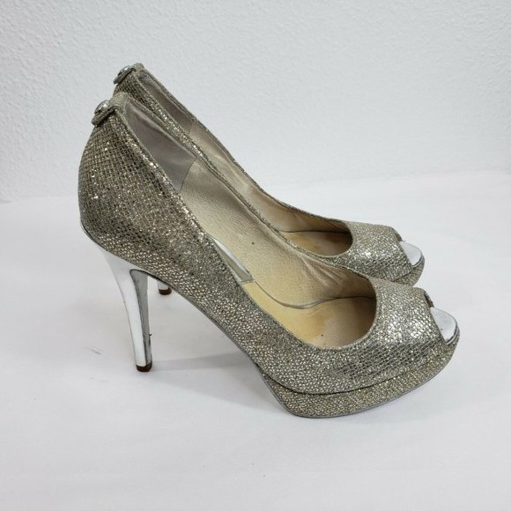 Michael Kors Peep Toe‎ Slip On Pumps Gold Silver Women Size 6 M Platform Heels - Picture 12 of 12